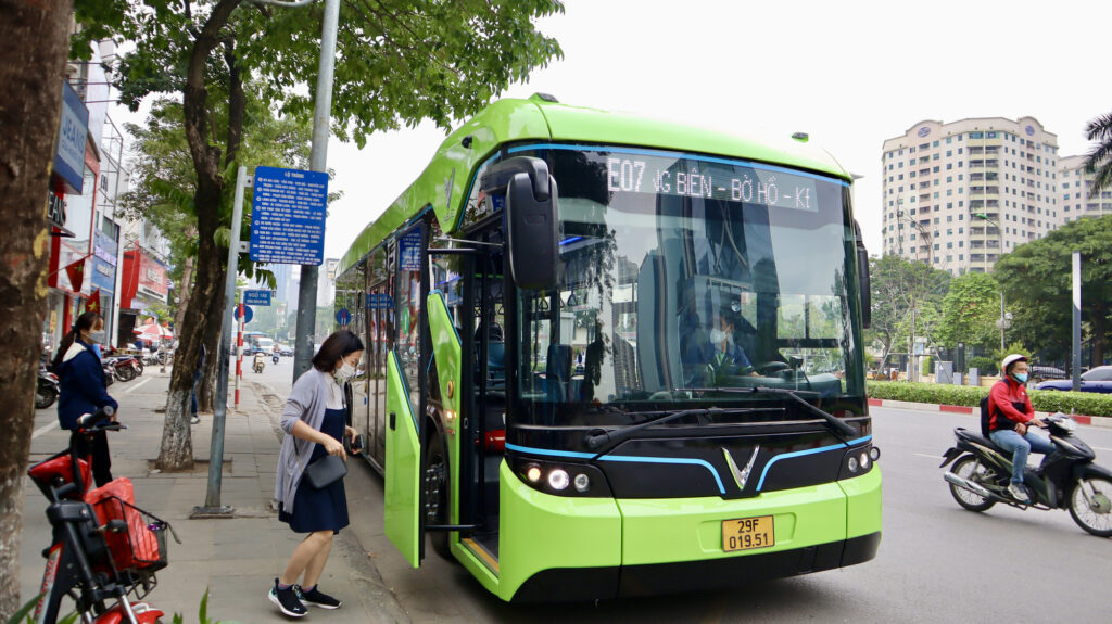 Electric bus with zero-emission sign on the side - public bus - eco-friendly transportation